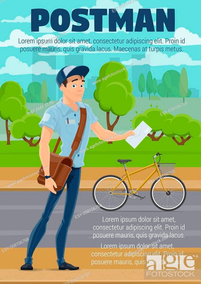 Postman delivering mail with bike. Mailman cartoon character in blue  uniform with letter, envelope, Stock Vector, Vector And Low Budget Royalty  Free Image. Pic. ESY-058106768 | agefotostock