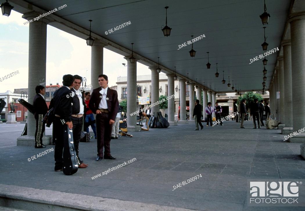 Stock Photo: Mariachi (trumpet players) under the portico in Plaza Garibaldi, Mexico City, Mexico.