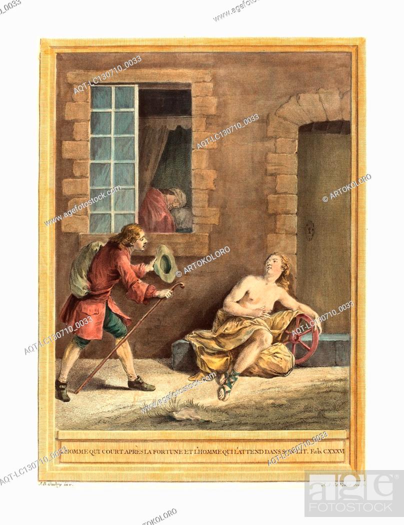 Stock Photo: A.J. de Fehrt after Jean Baptiste Oudry (French, born 1723 ), L'homme qui court apres la fortune et l'hommequi l'attend dans son lit (The Man who Courts Fortune.