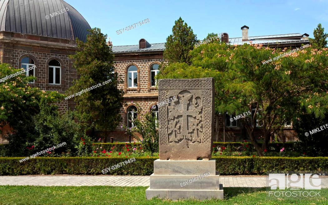 Stock Photo: Khachkars, cross stones of Echmiadzin monastery, Armenia.