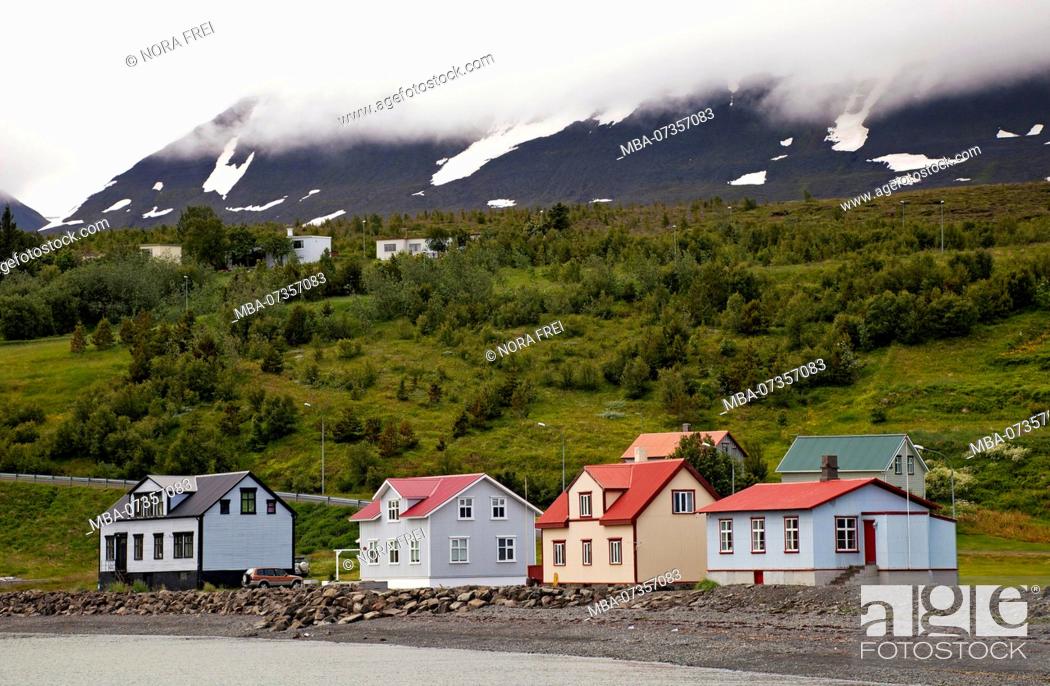 Stock Photo: Houses, mountains, Iceland, Hjalteyri, Akureyri.