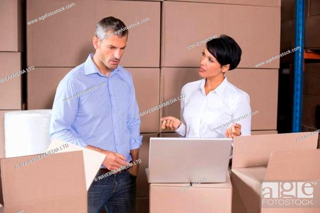 Stock Photo: Pretty warehouse manager using laptop with colleague.