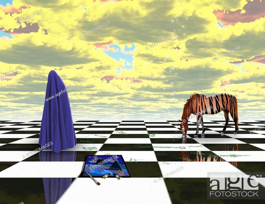 Stock Photo: Unreal landscape. Cloaked figure and tiger horse on chess board. 3D rendering.