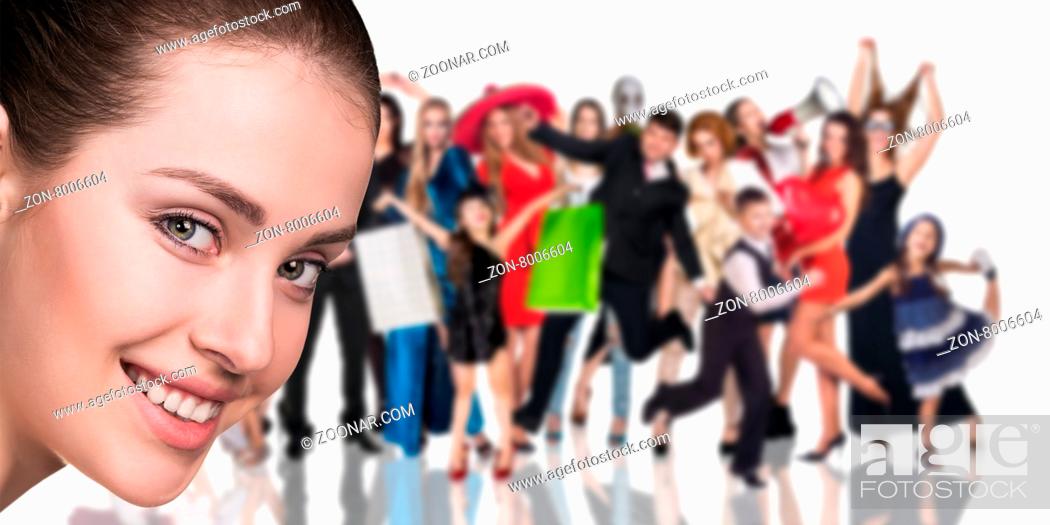 Stock Photo: Big crowd of people and young woman foreground. Isolated over white background.