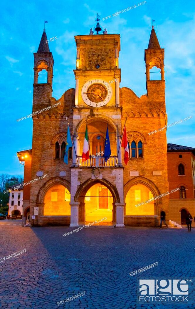 Stock Photo: Vertical view of Pordenone city hall in the evening's blue hour, Friuli Venezia Giulia, Italy.