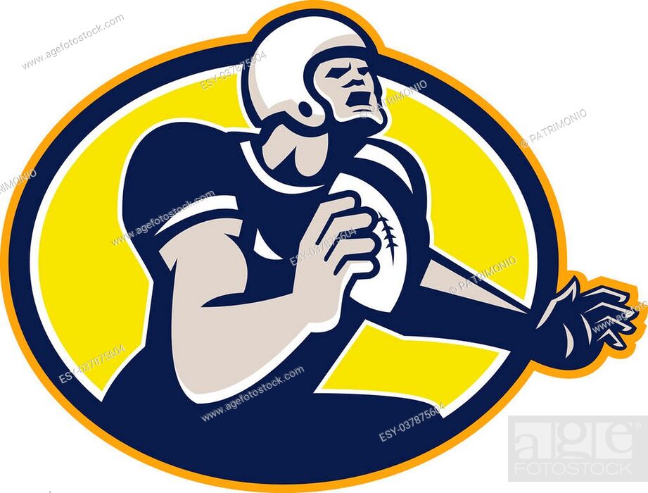 Stock Vector: Illustration of an american football gridiron quarterback player throwing ball facing side set inside oval shape done in retro style.