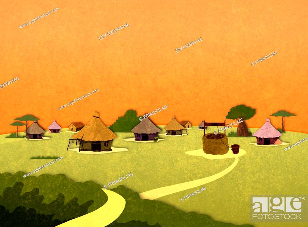 Tribe village houses in Africa in the sunset. Cartoon stylish background  raster illustration, Stock Photo, Picture And Low Budget Royalty Free  Image. Pic. ESY-032394166 | agefotostock