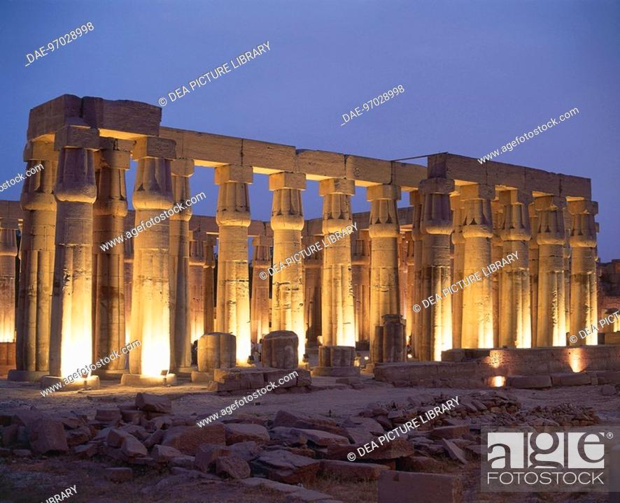 Stock Photo: Egypt - Ancient Thebes (UNESCO World Heritage List, 1979). Luxor. Temple of Amon. Hypostyle hall. Evening lights.