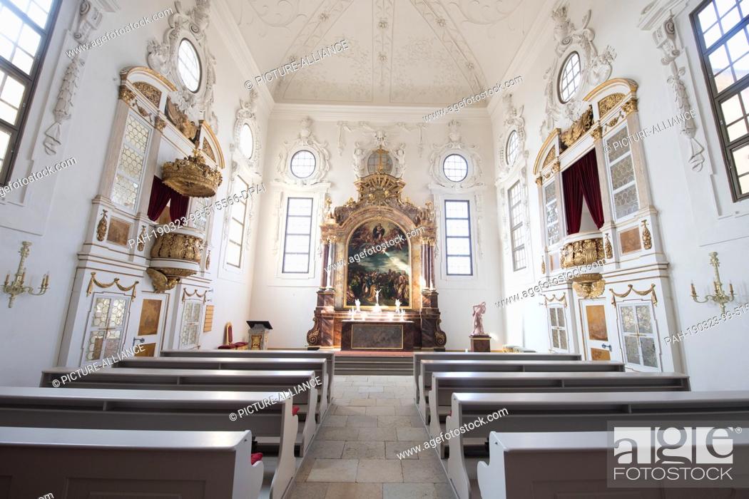 Stock Photo: 22 March 2019, Saxony, Moritzburg: The Catholic castle chapel of St. Trinitatis in Moritzburg Castle. Photo: Sebastian Kahnert/dpa-Zentralbild/dpa.