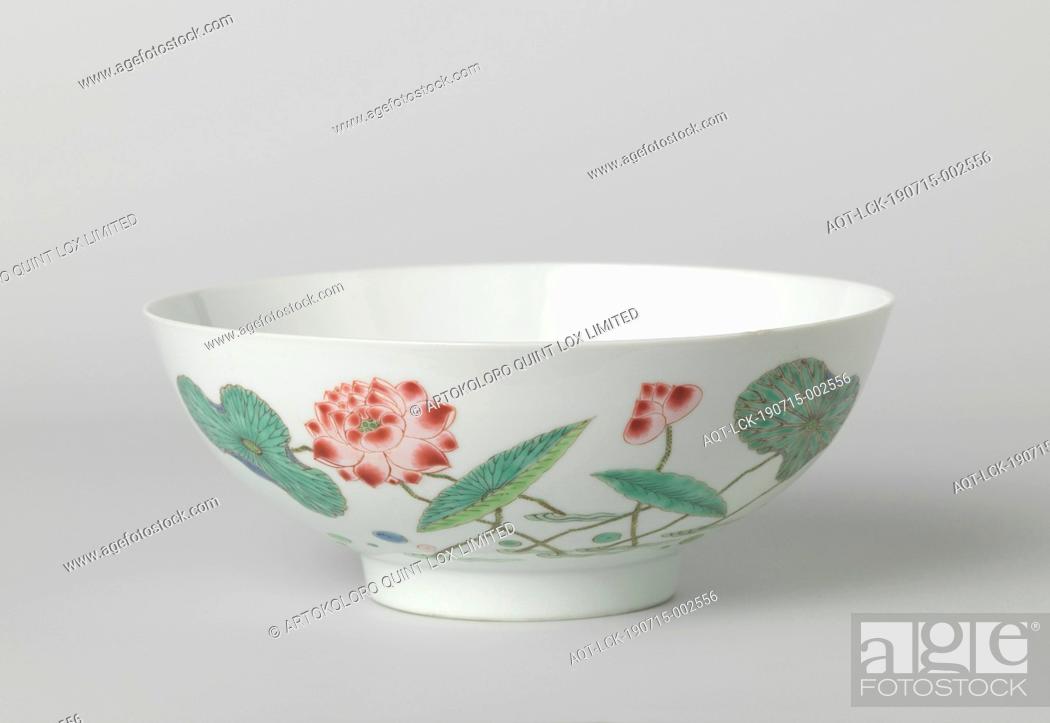 Stock Photo: Shallow, straight-sided bowl with lotus plant, swimming duck and butterflies, Wide, shallow porcelain bowl with straight wall, painted on the glaze in blue, red.