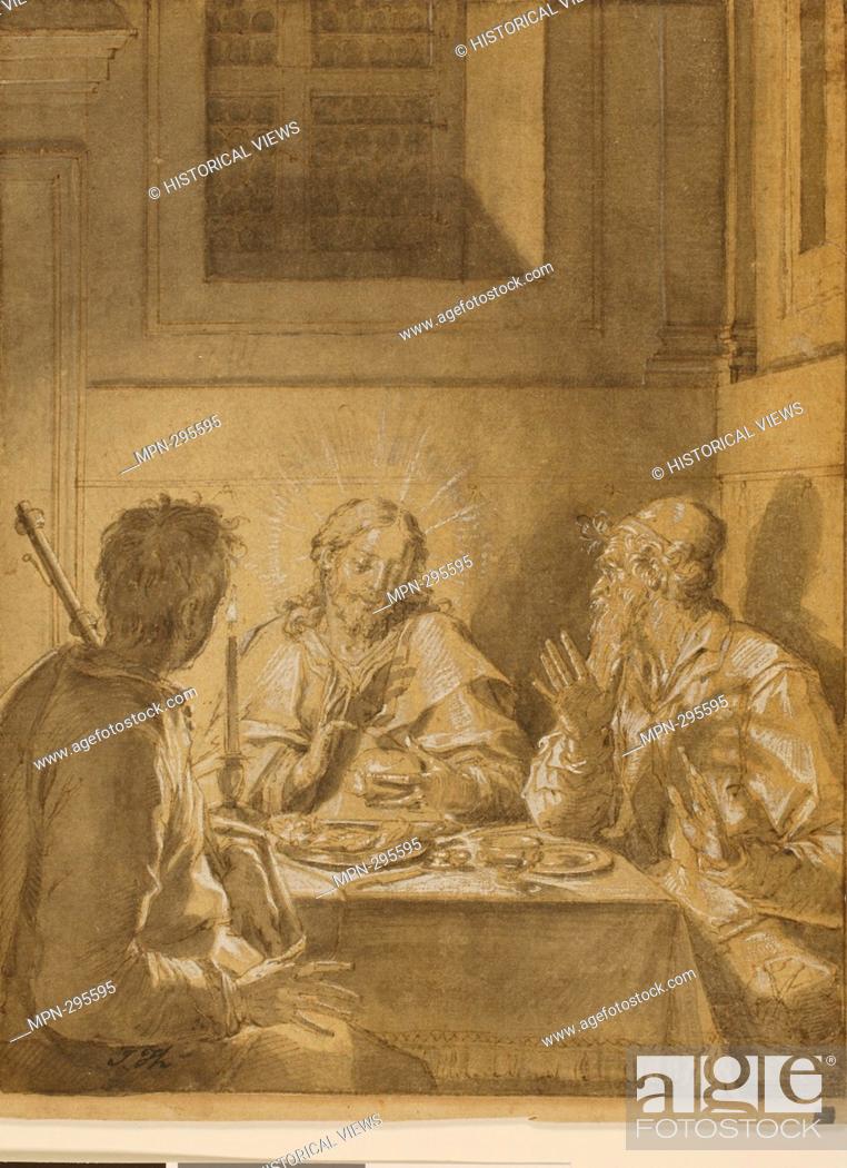 Stock Photo: Author: Pieter de Witte. Supper at Emmaus - c. 1590'1595 - Pieter de Witte Flemish, 1548-1628. Pen and brown ink and brush and black ink wash with yellow ocher.