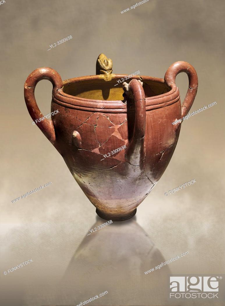 Stock Photo: Bronze Age Anatolian four handled terra cotta vase with reliefs - 19th - 17th century BC - Kültepe Kanesh - Museum of Anatolian Civilisations, Ankara, Turkey.