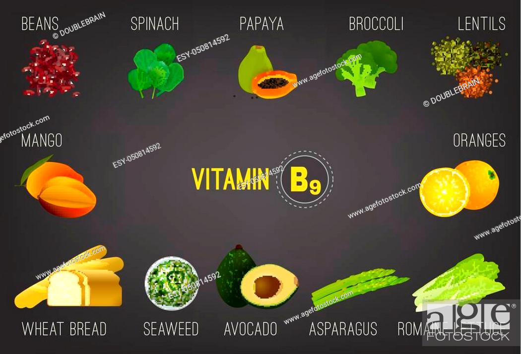 Elastisch werkzaamheid buitenspiegel High vitamin B9 foods. Healthy legumes, tropic fruits and vegetables, Stock  Vector, Vector And Low Budget Royalty Free Image. Pic. ESY-050814592 |  agefotostock