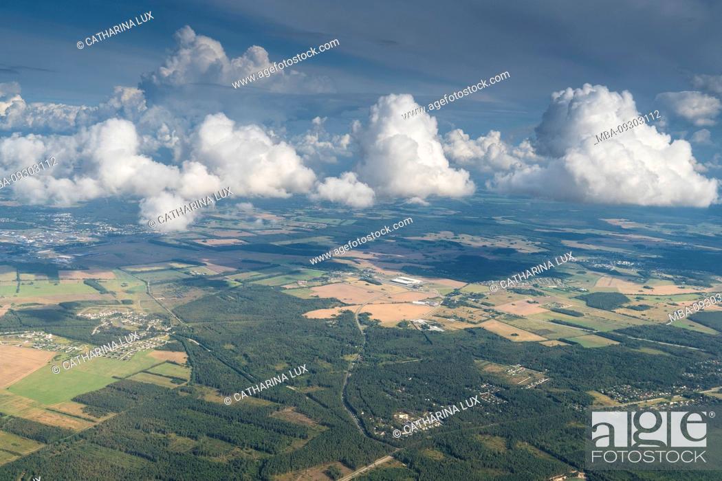 Stock Photo: Estonia, flight, aerial photograph, forest and fields, clouds, Cumulus congestus.