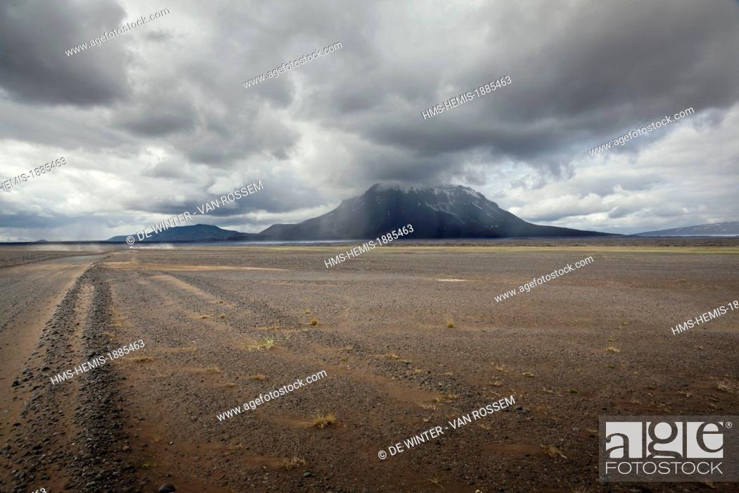 Stock Photo: Iceland, Nordhurland, lava field with view on Herdubreid volcano.