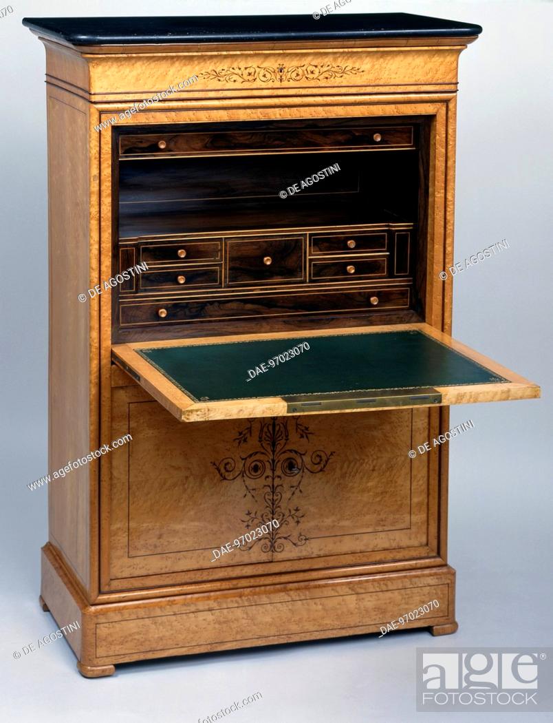 Stock Photo: Restoration style (Charles X) speckled maple secretary with amaranth inlays and black marble top, open with rosewood interior. France, 19th century.