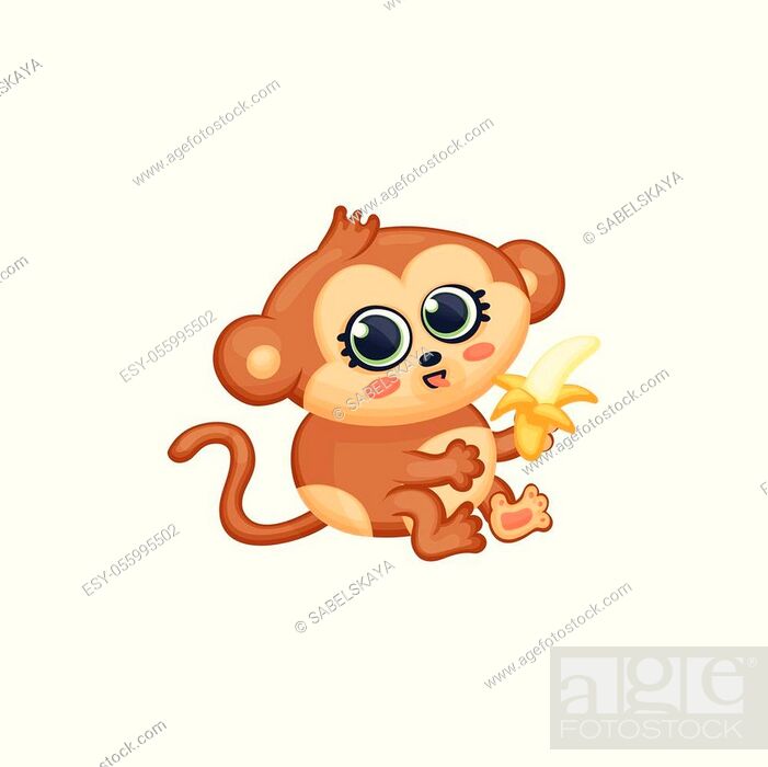 Cute baby monkey eating a banana - brown cartoon jungle animal sitting and  holding a fruit while..., Stock Vector, Vector And Low Budget Royalty Free  Image. Pic. ESY-055995502 | agefotostock