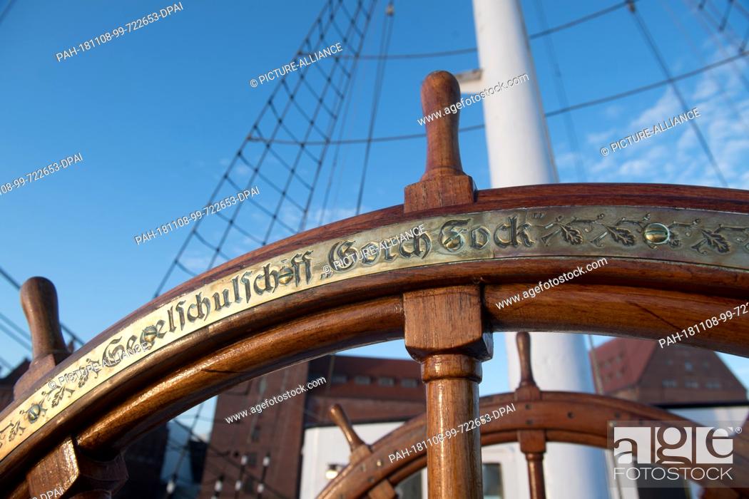 Stock Photo: 08 November 2018, Mecklenburg-Western Pomerania, Stralsund: The sailing ship ""Gorch Fock I"" is located in the city harbour.