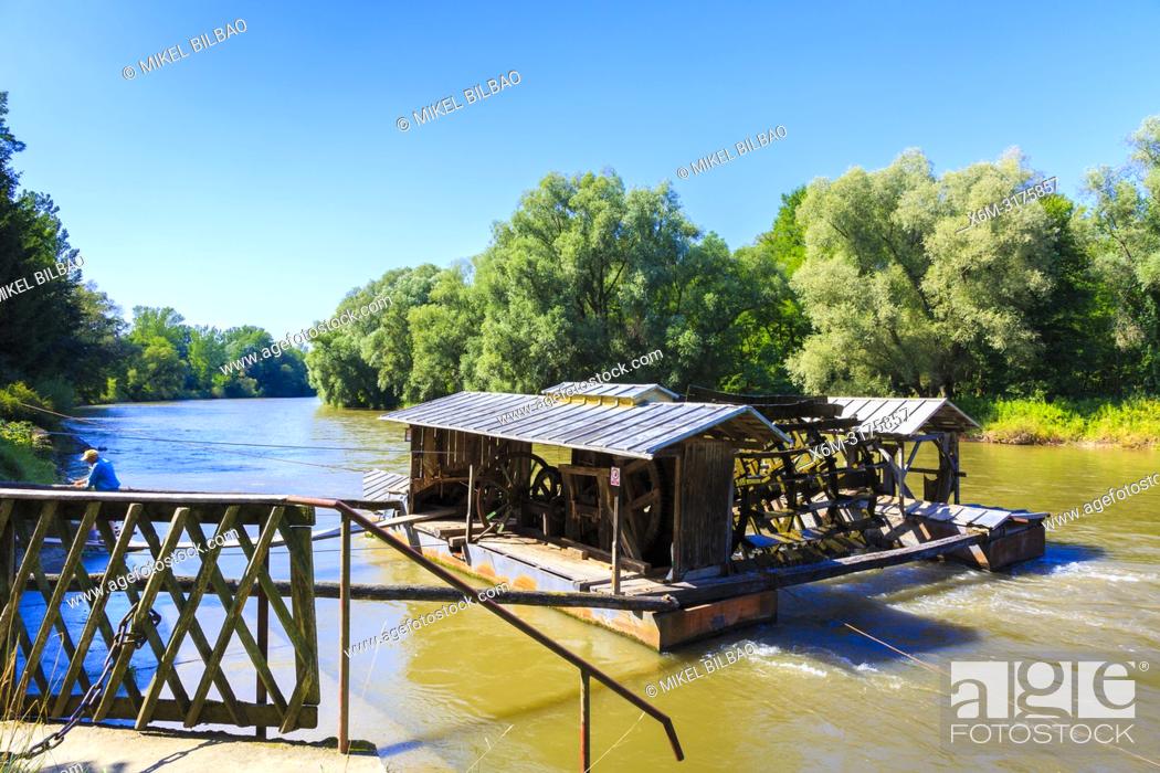 Stock Photo: Floating mills on the Mura river. Babic mill at Verzej. Styria region. Slovenia, Europe.