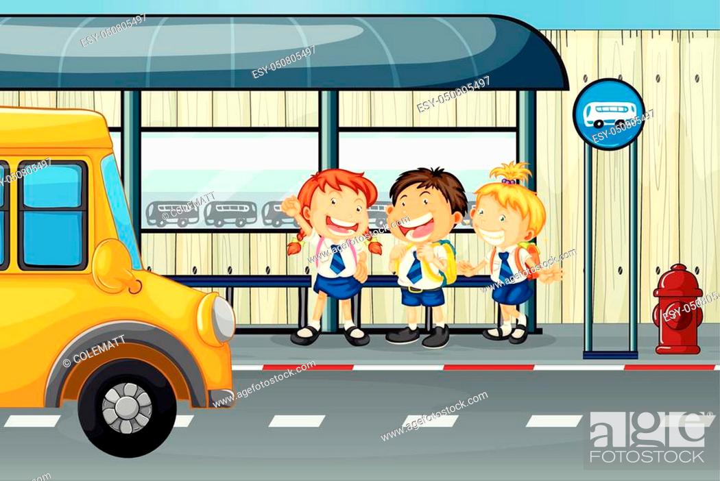 Illustration of kids at bus stop Stock Photos and Images | agefotostock