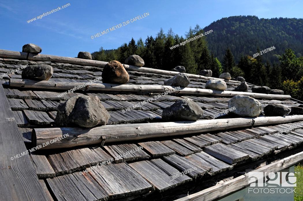 Stock Photo: Shingle roof weighted with rocks, Ramsau, Upper Bavaria, Germany, Europe.