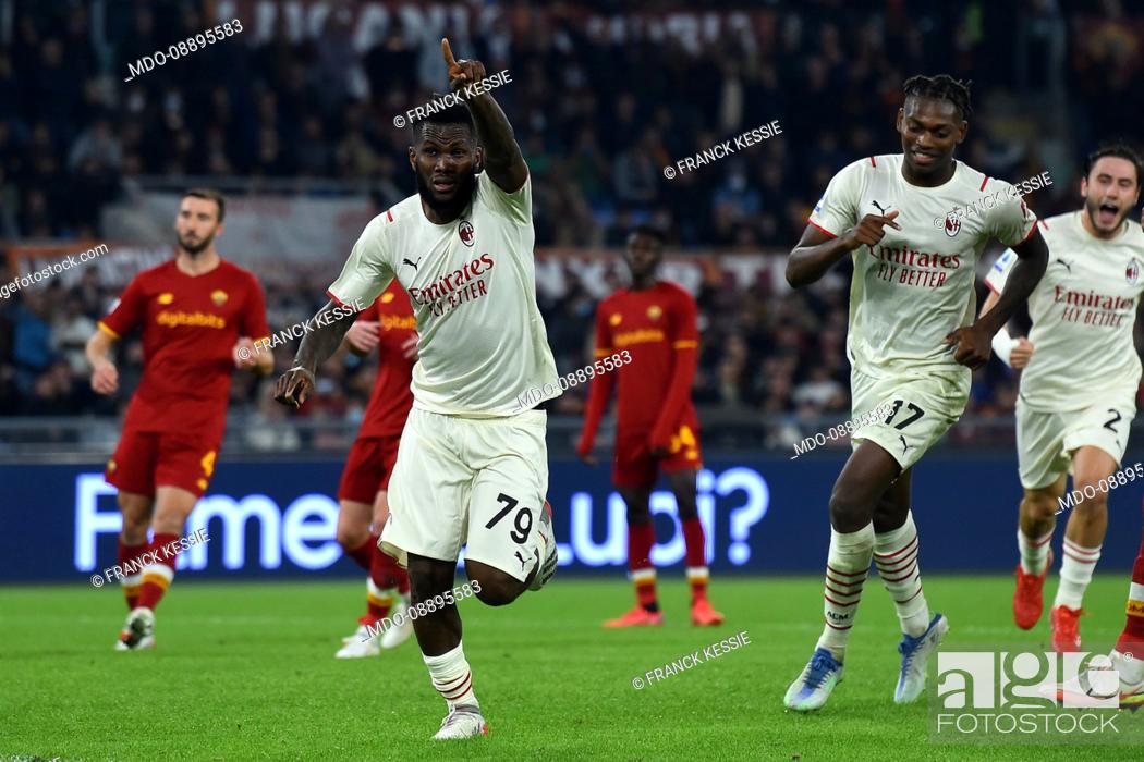 Stock Photo: The Footballer of Milan Franck Kessie celebrating after score the goal during the match Roma-Milan at the stadio Olimpico.