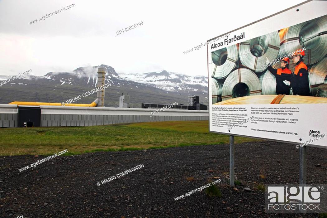 Stock Photo: ALCOA ALUMINUM FACTORY NEAR THE CITY OF REYDARFJORDUR, CONTROVERSIAL PROJECT BECAUSE OF ECOLOGICAL DAMAGE, EASTERN ICELAND, EUROPE, ICELAND.