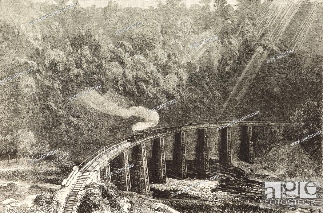 Stock Photo: A train on the iron viaduct over the Metlac gorge, the Vera Cruz and Mexico Railway, Mexico, illustration from the magazine The Graphic, volume XXVI, no 658.