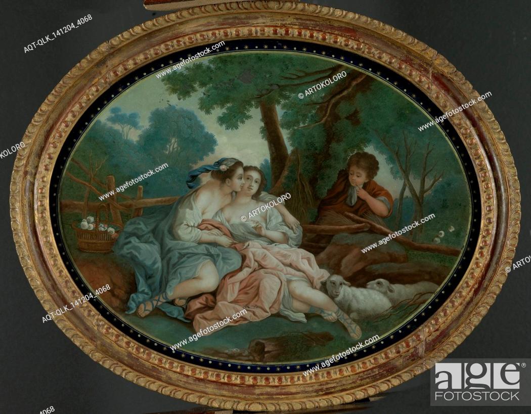Stock Photo: Two gallant performances, anonymous, ca. 1795, glass painting, scene from the play L'Aminta of Torquato Tasso: Aminte dans les bras de Sivie.