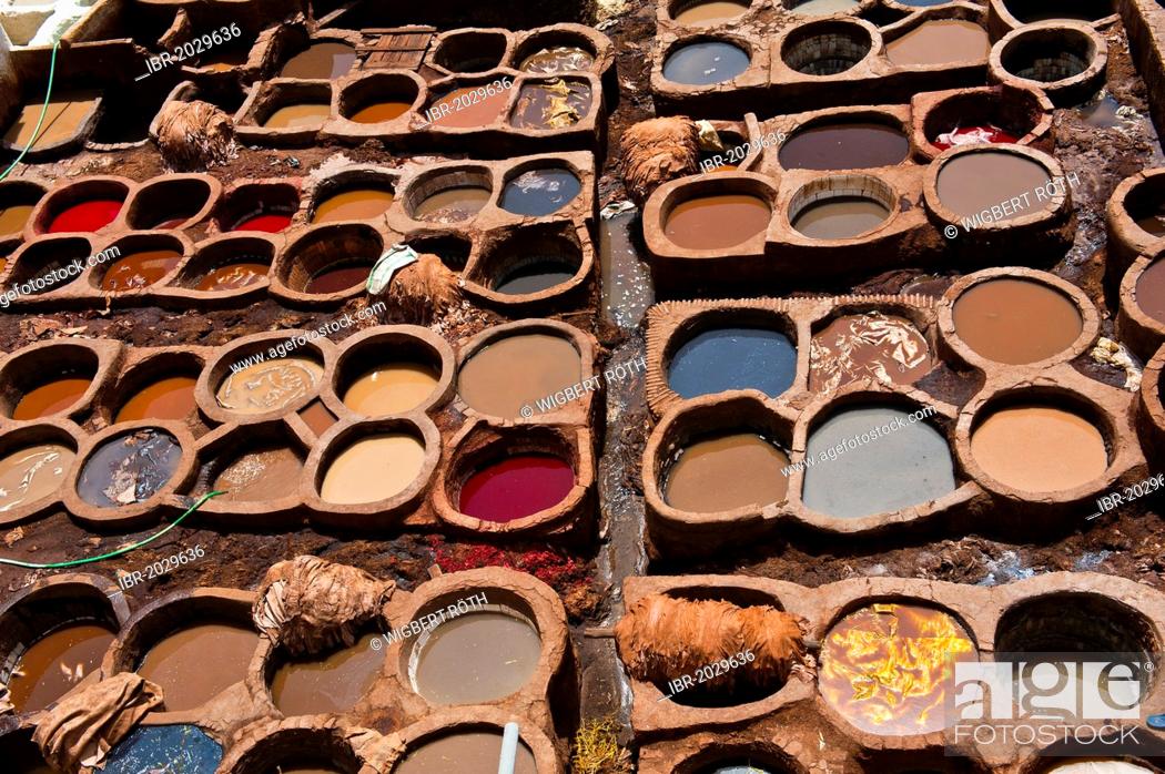 Stock Photo: Traditional tanneries with dying vats, old town or medina of Fez or Fes, UNESCO World Heritage Site, Morocco, Africa.