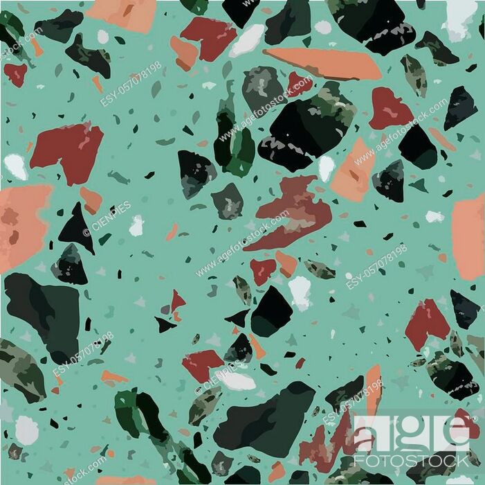 Stock Vector: Colorful terrazzo flooring seamless pattern with realistic color stones and rocks on blue background. Traditional stone material tile illustration.