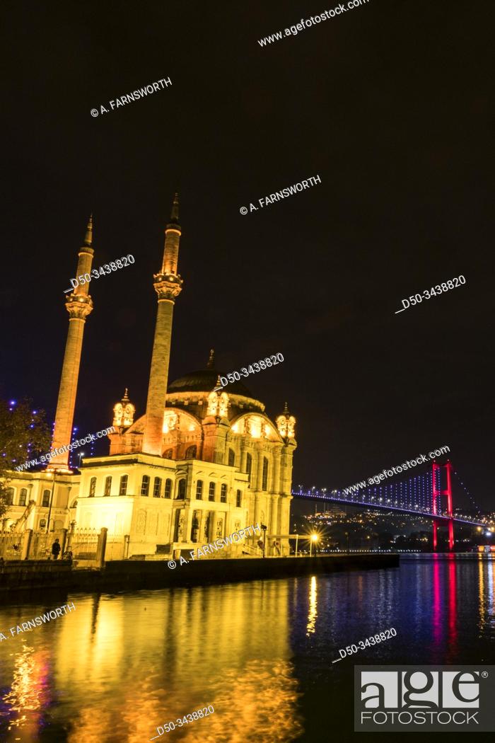 Stock Photo: Istanbul, Turkey The Ortaköy Mosque under the Bosphorus Bridge, known officially as the 15 July Martyrs Bridge and unofficially as the First Bridge.