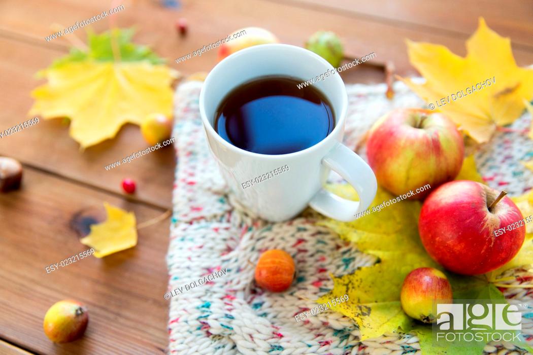 Stock Photo: season, drink and morning concept - close up of tea cup on wooden table with autumn leaves and scarf.