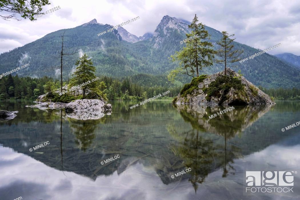 Stock Photo: hintersee lake with reflection of watzmann mountain peaks. ramsau berchtesgaden bavaria, germany, europe.