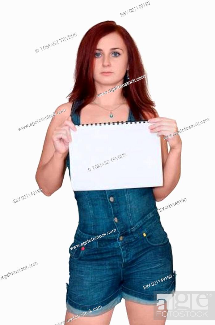 Stock Photo: Happy woman showing blank signboard, isolated over white background.