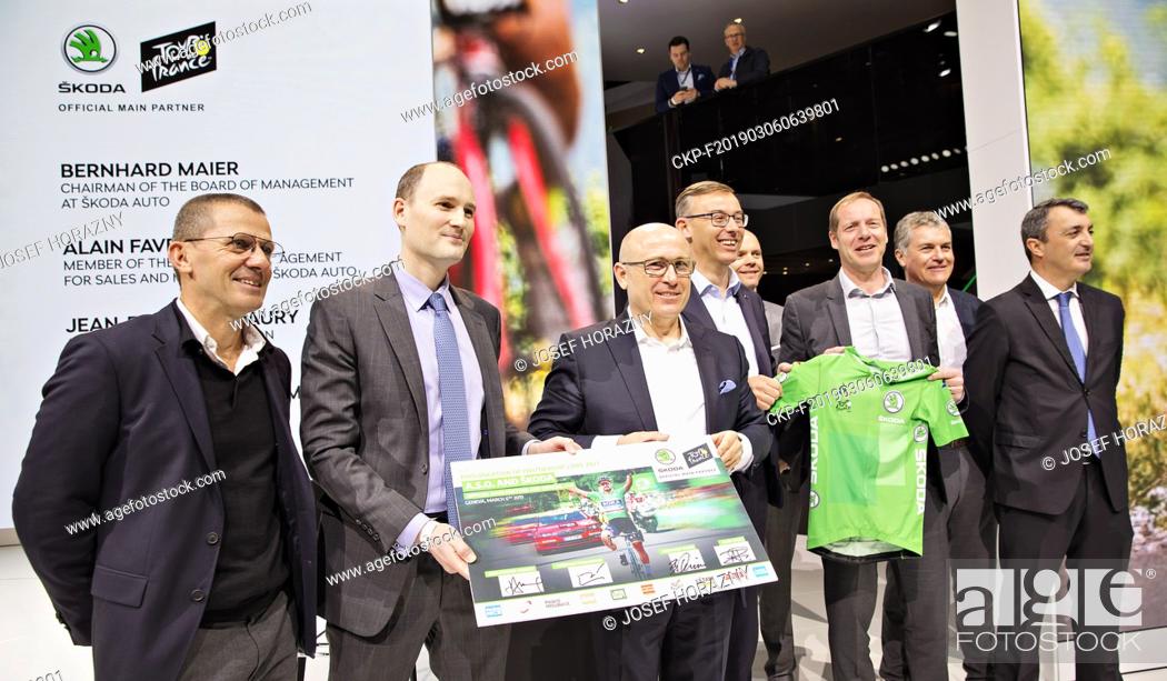 Stock Photo: Skoda Auto CEO Bernhard Maier (3rd from left) signed a sponsorship contract with Tour de France organiser A.S.O. up to 2023 during the 2019 Geneva International.