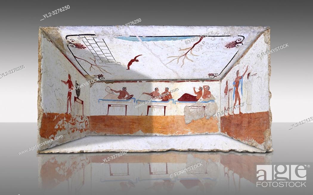 Stock Photo: Reconstruction of the inside of the Greek Tomb of the Diver [La Tomba del Truffatore]. The rear panel is from one of the long sides of the tomb and shows a.