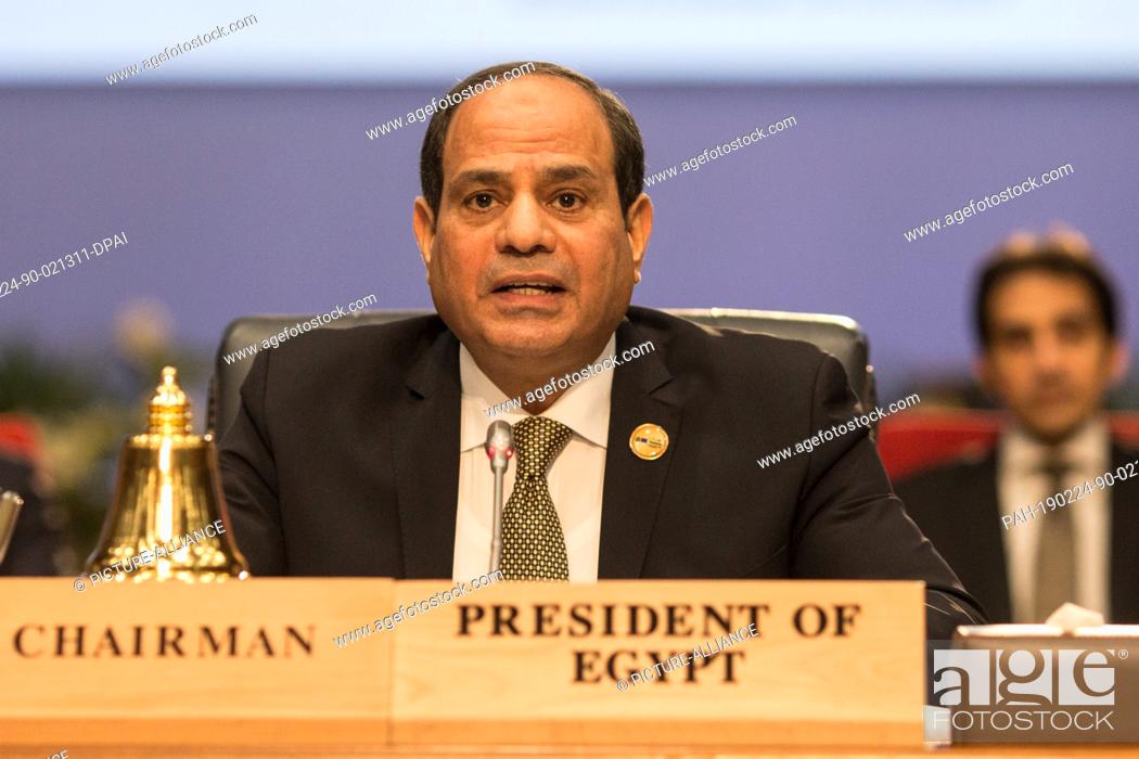 Stock Photo: dpatop - 24 February 2019, Egypt, Sharm El-Sheikh: Egyptian President Abdel Fattah el-Sisi speaks during the first plenary session of the European Union (EU).