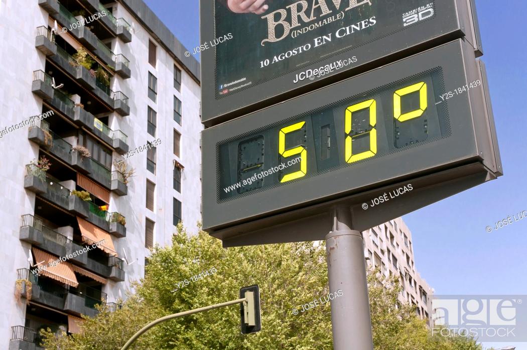Stock Photo: Urban thermometer, Extreme temperature, Seville, Spain.