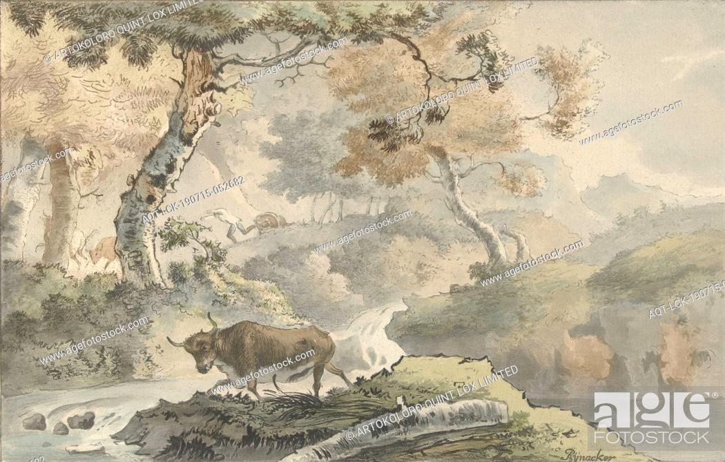 Stock Photo: Forest landscape with bull, Forest landscape with in the foreground, along rapids, a bull., landscapes (landscape with figures, staffage), bull, Christiaan Josi.