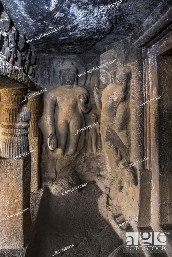 Stock Photo: Cave 23, Antechamber, on the left is standing Buddha in varada mudra and Bodhisattva, Nasik, Maharashtra.