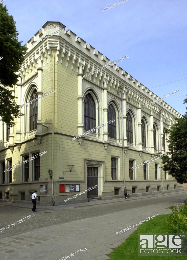 Stock Photo: 25 July 2001, Latvia, Riga: View of the building ""Great Guild"", also known as St. Mary's Guild, is one of the oldest public buildings in the Baltic States and.