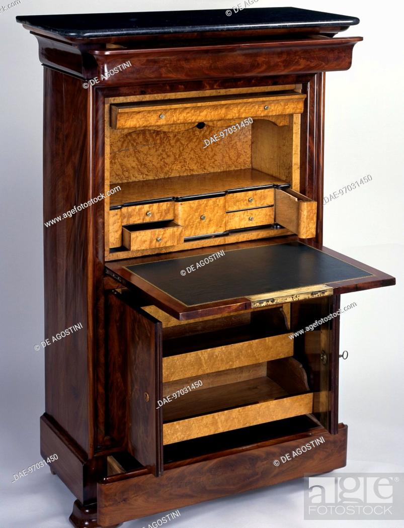 Stock Photo: Louis Philippe style drop leaf secretary with Honduran flamed mahogany veneer finish, with black marble top, open. France, first half 19th century.