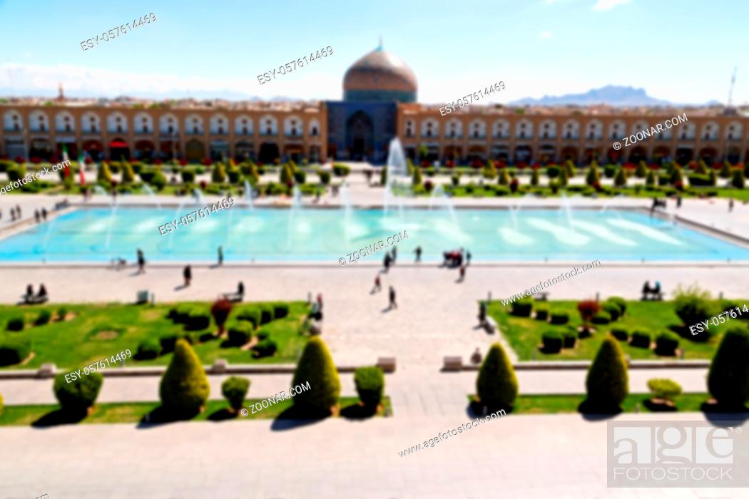 Stock Photo: blur in iran  the old square of isfahan prople garden tree heritage tourism and mosque.