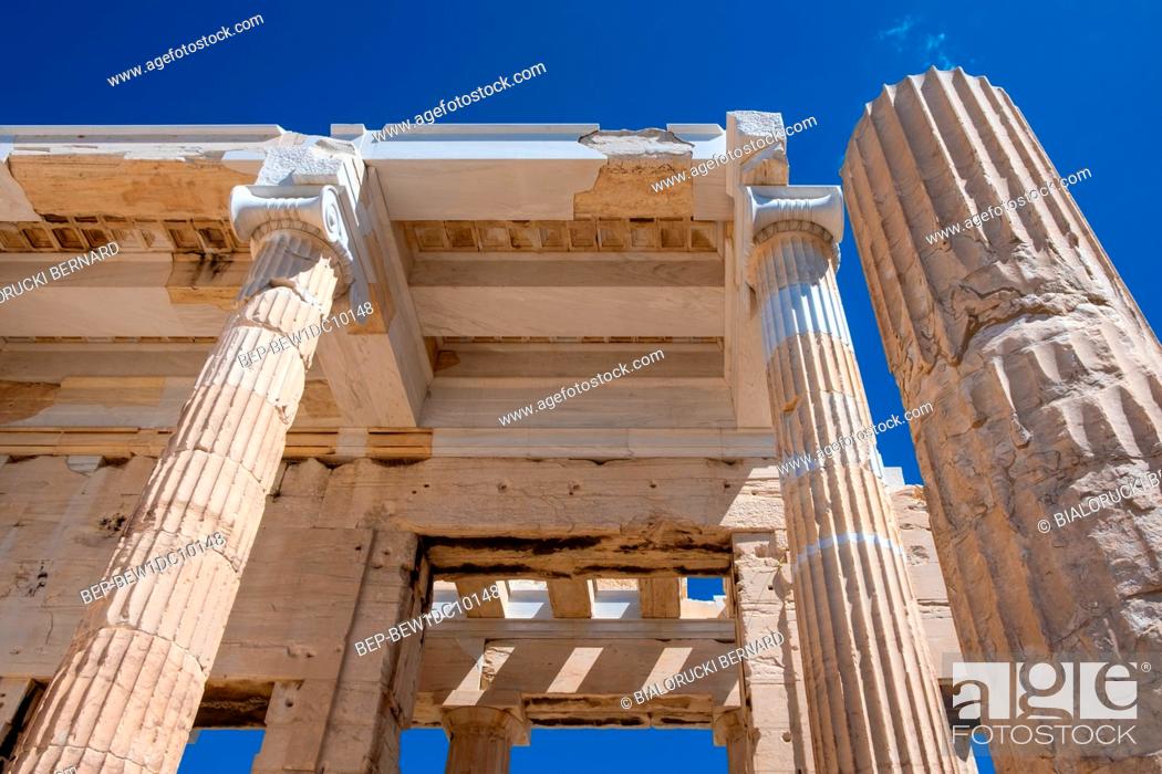 Stock Photo: Athens, Attica / Greece - 2018/04/02: Panoramic view of Propylaea, erected by Pericles, monumental gateway to the Acropolis complex atop Acropolis hill.