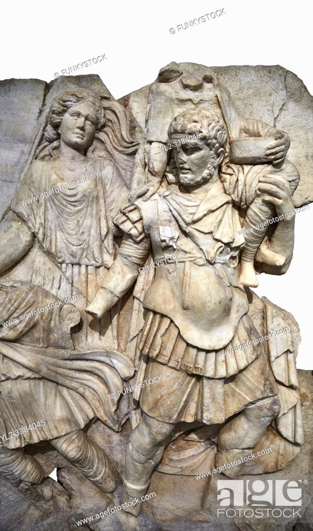 Stock Photo: Detail of a Roman Sebasteion relief sculpture of Aineas"" flight from Troy, Aphrodisias Museum, Aphrodisias, Turkey. . . Aineas in armour carries his aged.