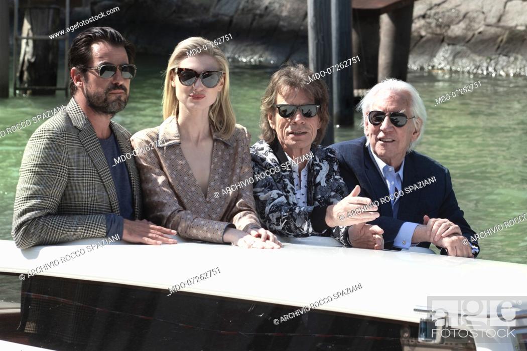 Stock Photo: (FromL) Danish actor Claes Bang, Australian actress Elizabeth Debicki, British musician, singer and actor Mick Jagger and Canadian actor Donald Sutherland.