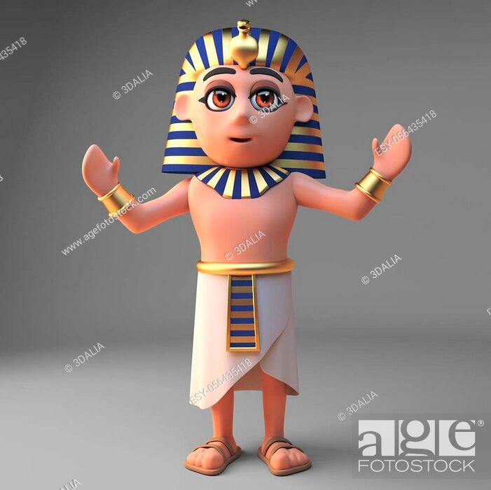 Imagen: Cartoon 3d pharaoh Tutankhamun cheering with arms raised, 3d illustration render.