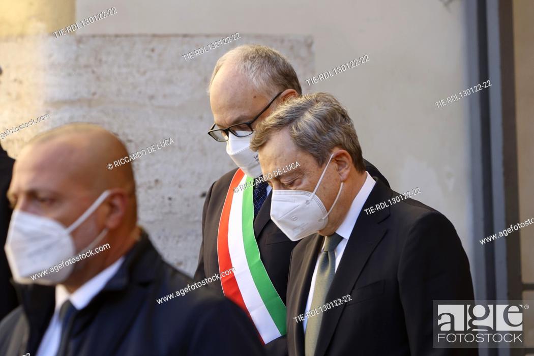 Stock Photo: Italian Prime Minister Mario Draghi (R) mayor of Rome Roberto Gualtieri (C) attend at the opening of the Burial Chamber of the late EU Parliament President.