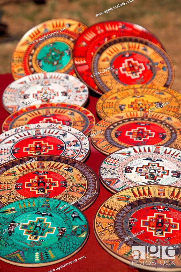 Stock Photo: Close-up shot of wooden bowls and plates at the open-air market in Pisaq, Sacred Valley, Cuzco Region, Peru, South America.